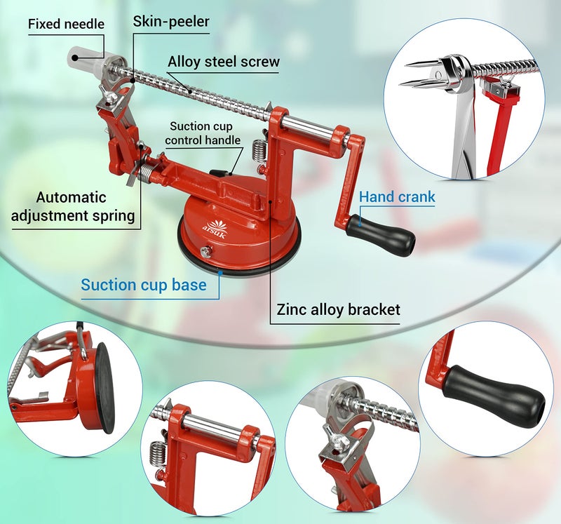 ARSUK Apple Peeler Slicer Corer â€“ 3 in 1 Fruit Peeling Machine with Stainless Steel Blades, Heavy Duty Cast Iron Body, Adjustable Blade & Anti Slip Suction Base for Easy Kitchen Use - Image 5