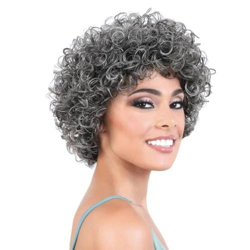 HUA Grey Human Hair Wig for Women Glueless Gray Short Curly Bangs Wig Salt Pepper for Older Black WomenMomGrandmother Daily Use 6 Inch Pixie Cut Bouncy Curly Human Hair Wigs 150 Density - Image 1