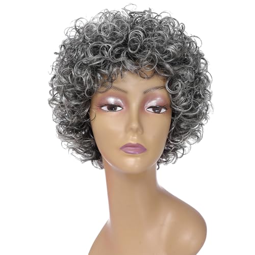 HUA Grey Human Hair Wig for Women Glueless Gray Short Curly Bangs Wig Salt Pepper for Older Black WomenMomGrandmother Daily Use 6 Inch Pixie Cut Bouncy Curly Human Hair Wigs 150 Density - Image 3