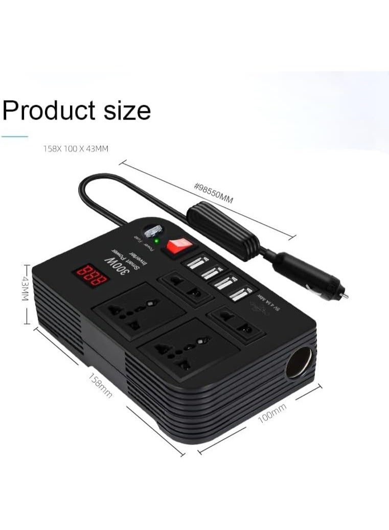 BYGD 300W Car Power Inverter DC 12V to 220V AC with 4 USB Ports Fast Charging with 2 Universal Sockets with Multifunctional LED Display Photovoltaic Inverter - Image 2