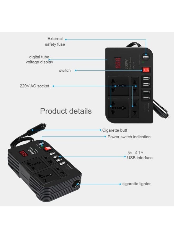 BYGD 300W Car Power Inverter DC 12V to 220V AC with 4 USB Ports Fast Charging with 2 Universal Sockets with Multifunctional LED Display Photovoltaic Inverter - Image 3