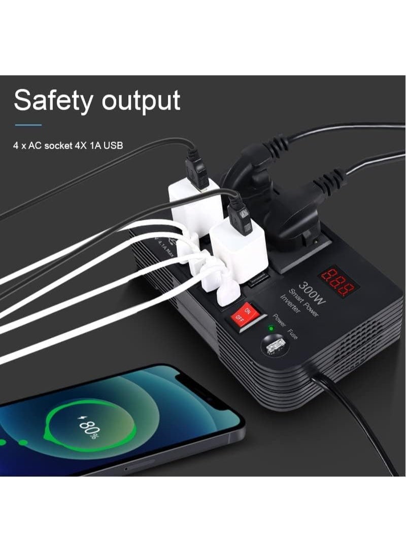 BYGD 300W Car Power Inverter DC 12V to 220V AC with 4 USB Ports Fast Charging with 2 Universal Sockets with Multifunctional LED Display Photovoltaic Inverter - Image 5