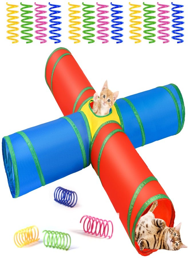 ZeyZoo Christmas Cat Toys, Cat Tunnel 4 Way Collapsible, Interactive Tunnels for Indoor Cats, 12 PCS Cats Springs Toy Kitty Kitten Toys Pack, Rabbit Tunnel Tube with Peephole, Large Rainbow Tunnels - Image 1