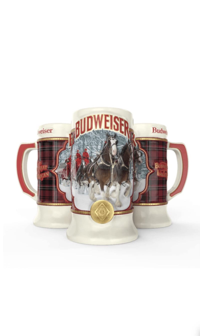 2021 Budweiser Plaid Holiday Christmas SteinRedwhiteblackgold7inHx35inW