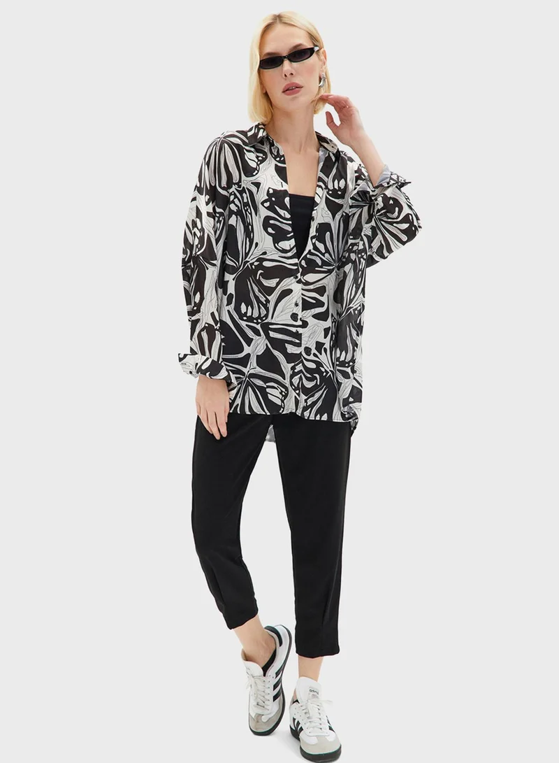 JUNE Printed Oversized Button Down Shirt