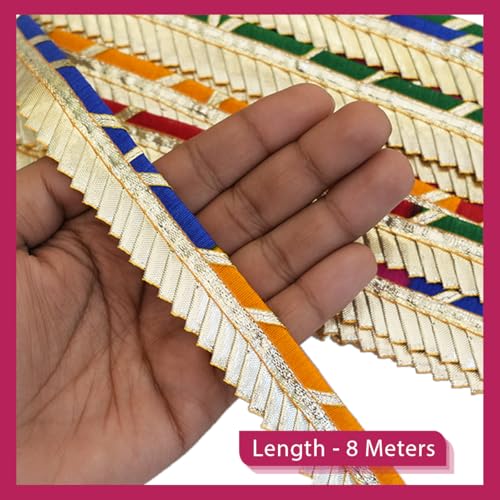 EmbroideryMaterial Laces and Borders Material Golden Gota Patti Lace for Saree Border, Dresses, Dupatta, Blouse, Kurta, Embroidery & Sewing (Multicolor & Gold, 8 Meters, 2.4 CM Wide) - Image 3