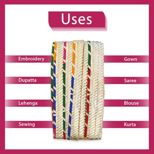 EmbroideryMaterial Laces and Borders Material Golden Gota Patti Lace for Saree Border, Dresses, Dupatta, Blouse, Kurta, Embroidery & Sewing (Multicolor & Gold, 8 Meters, 2.4 CM Wide) - Image 5