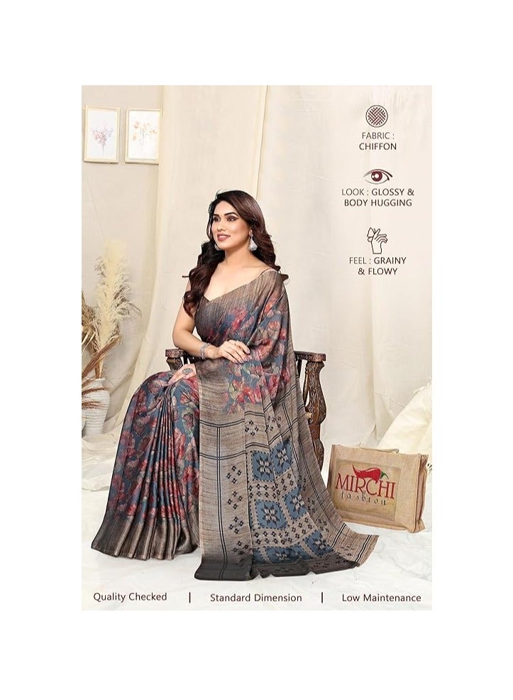 مملكة الإكسسوارات ساري نسائي مصمم من الشيفون بطبعات الأزهار مع قطعة بلوزة - Image 2