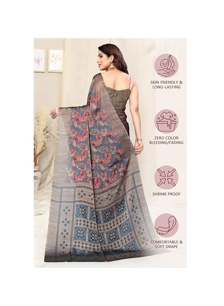 مملكة الإكسسوارات ساري نسائي مصمم من الشيفون بطبعات الأزهار مع قطعة بلوزة - Image 3