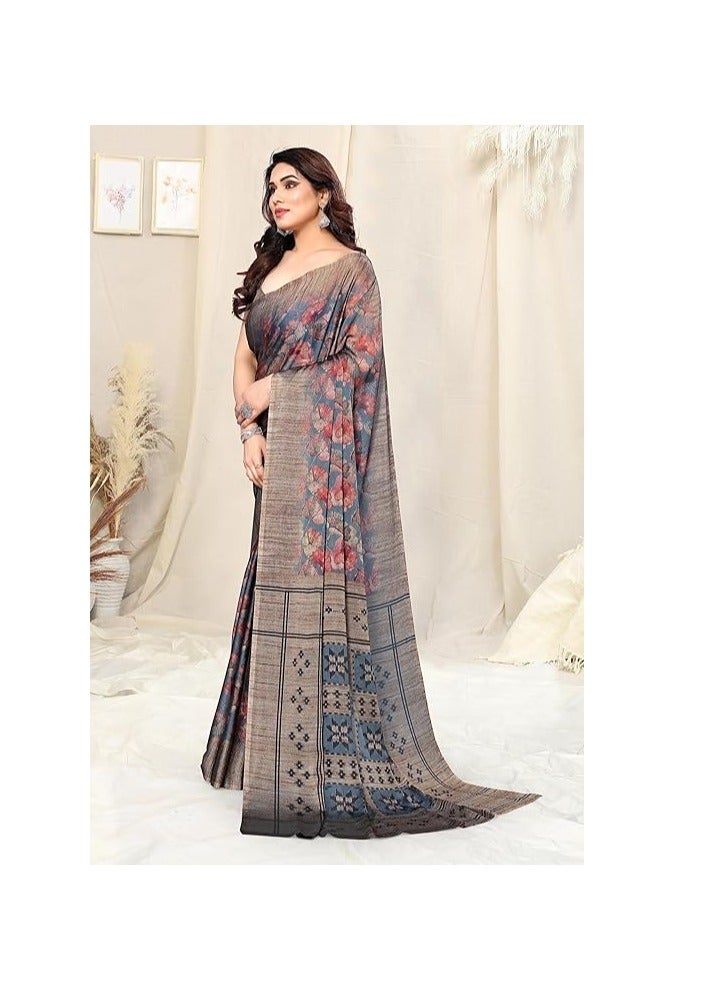 مملكة الإكسسوارات ساري نسائي مصمم من الشيفون بطبعات الأزهار مع قطعة بلوزة - Image 4