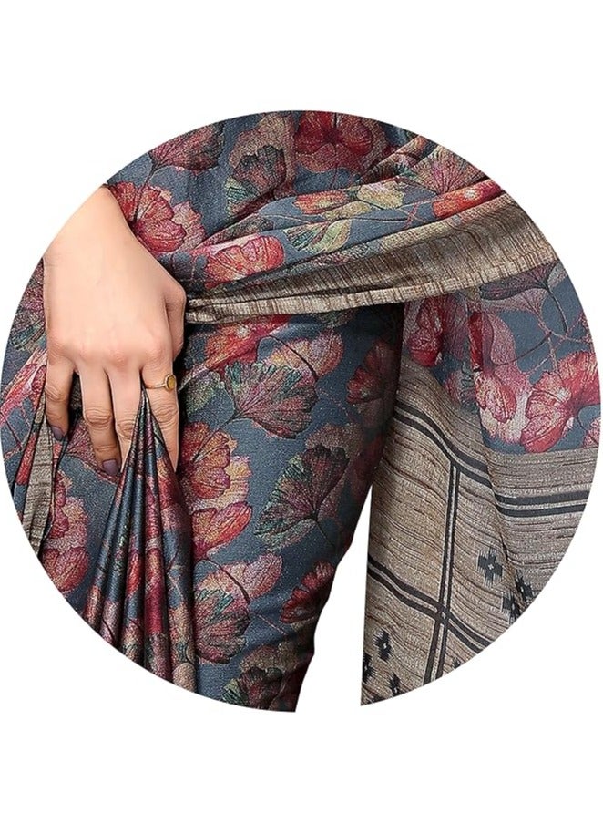 مملكة الإكسسوارات ساري نسائي مصمم من الشيفون بطبعات الأزهار مع قطعة بلوزة - Image 5