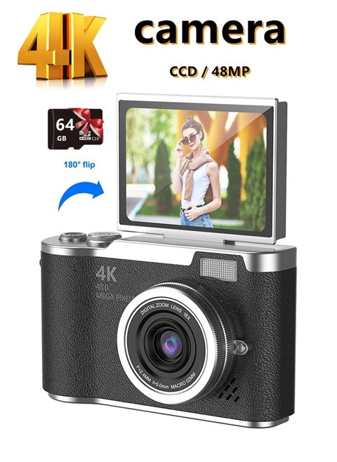 4k CCD Digital Zoom Student Digital Camera 48MP Portable Digital Photography Camera 180° Flip Screen Selfie Camera，free 64GB SD card