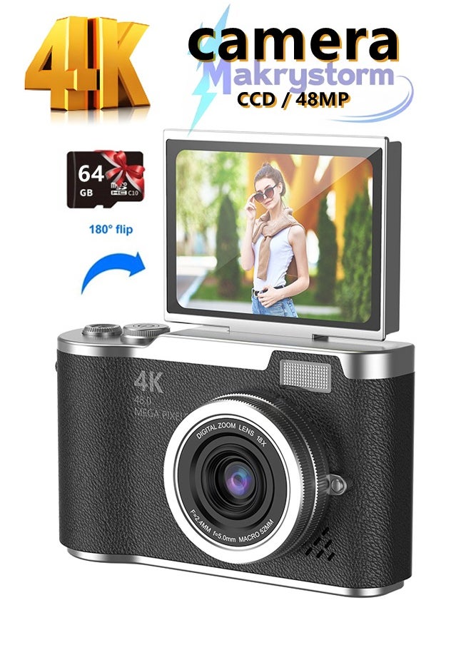 Makrystorm 4k CCD Digital Zoom Student Digital Camera 48MP Portable Digital Photography Camera 180° Flip Screen Selfie Camera，with 64GB SD card  - Image 1