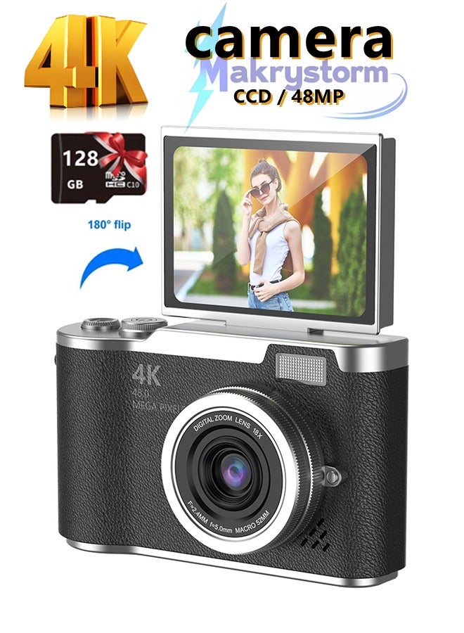 Makrystorm 4k CCD Digital Zoom Student Digital Camera 48MP Portable Digital Photography Camera 180° Flip Screen Selfie Camera，with 128GB SD card - Image 1