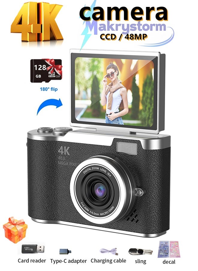 4k CCD Digital Zoom Student Digital Camera 48MP Portable Digital Photography Camera 180° Flip Screen Selfie Camera,with 128GB SD card