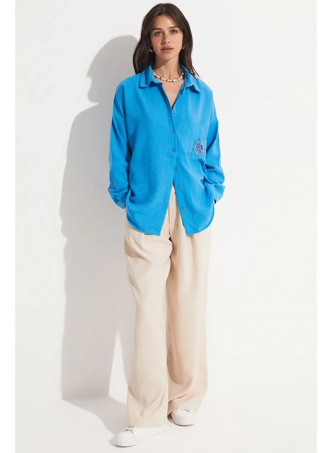جون June Embroidery Detailed Shirt Blue