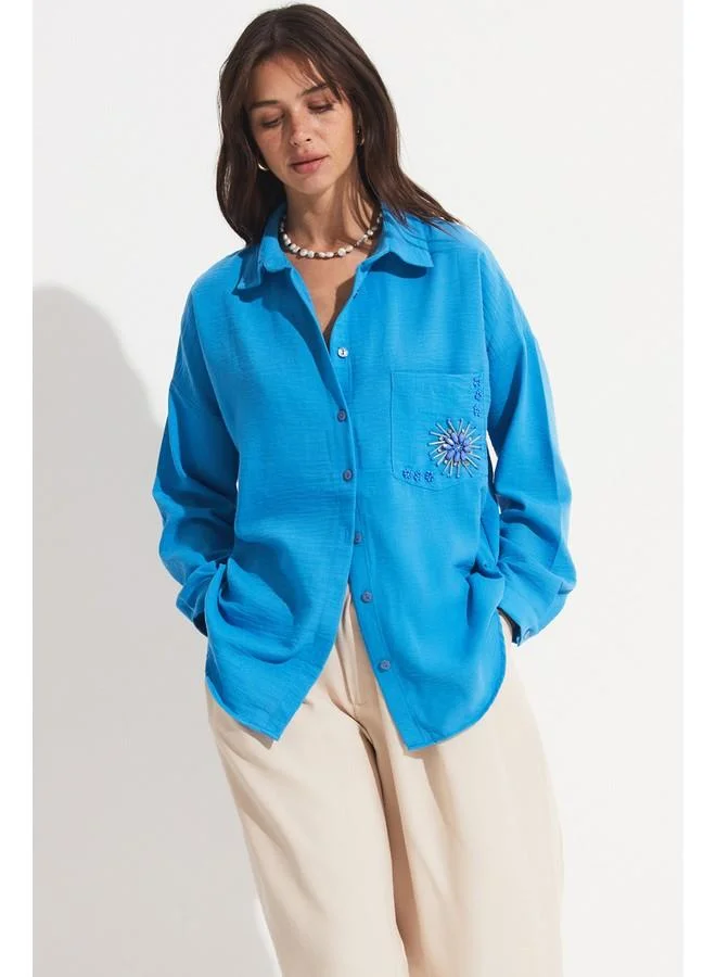جون June Embroidery Detailed Shirt Blue