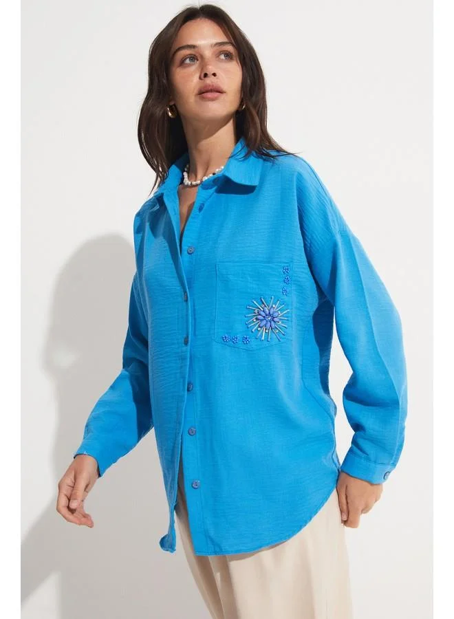جون June Embroidery Detailed Shirt Blue