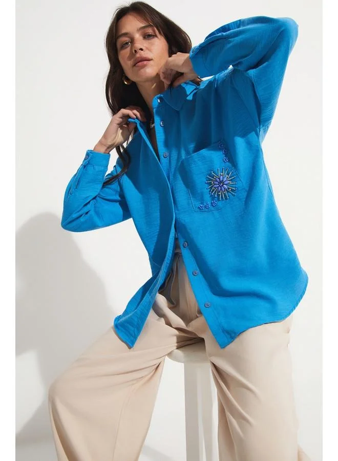 جون June Embroidery Detailed Shirt Blue
