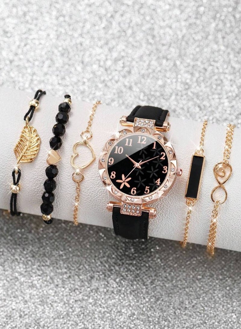 YUCCA 6 Pieces Set of PU Leather Strap Rhinestone Flower Bezel Quartz Watch for Girls Back to School - Image 2
