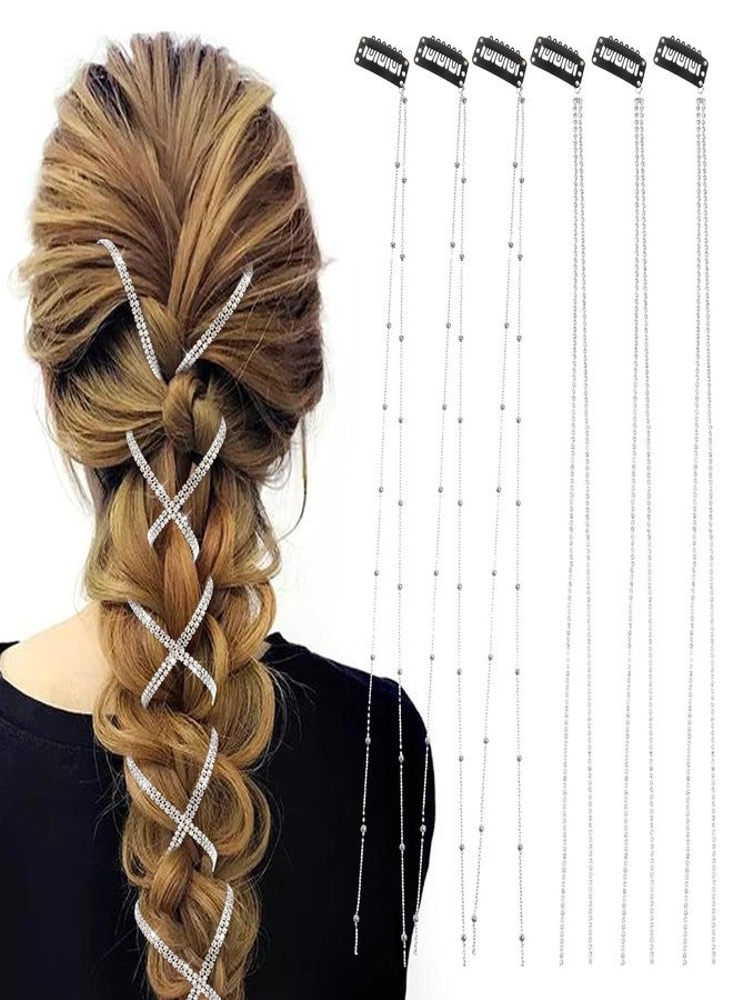 RECTYO GALLERY 6PCS Premium Rhinestone Hair Chains Clip, Bling Crystal Hair Extension Glitter Silver Tassel Hair Charms Hair Jewelry Accessories for Braids Women Girls Festival Rave - Image 1