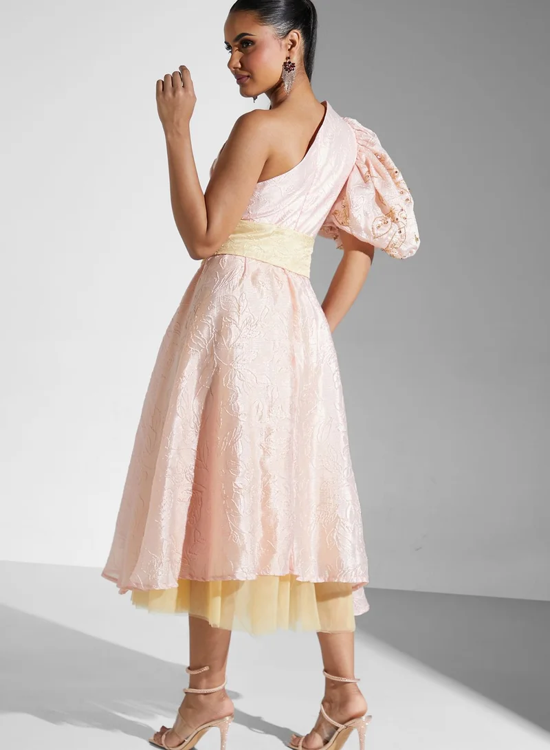 Threadz by Ajooni One Shoulder Balloon Sleeve Belted Dress