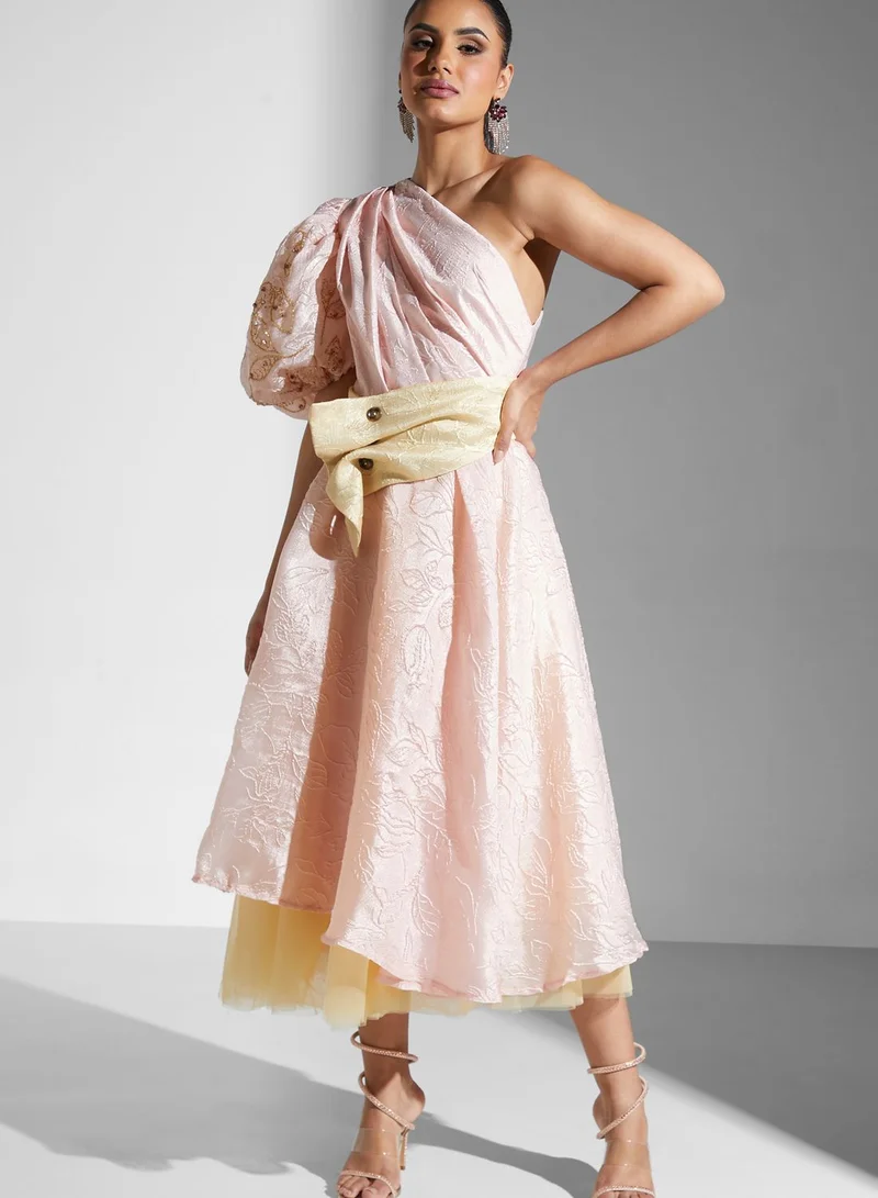Threadz by Ajooni One Shoulder Balloon Sleeve Belted Dress