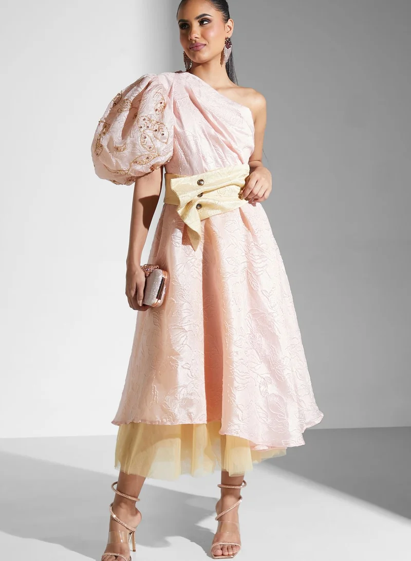 Threadz by Ajooni One Shoulder Balloon Sleeve Belted Dress