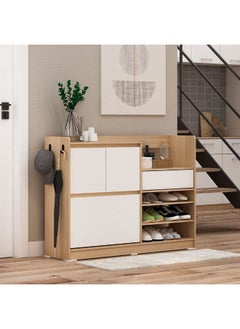 DANUBE HOME Barbados Shoe Cabinet With Open Shelves And Hooks | 15 Pairs Of Shoes| Modern Design Furniture | Wooden Shoe Organizer For Entryway Hallway | Made In Indonesia | L107.5xW29.7xH80.5cm - White / Oak  - Image 1