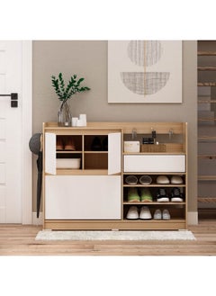 DANUBE HOME Barbados Shoe Cabinet With Open Shelves And Hooks | 15 Pairs Of Shoes| Modern Design Furniture | Wooden Shoe Organizer For Entryway Hallway | Made In Indonesia | L107.5xW29.7xH80.5cm - White / Oak  - Image 2