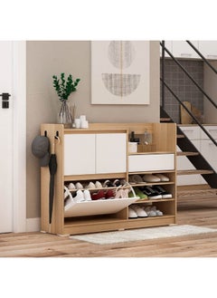 DANUBE HOME Barbados Shoe Cabinet With Open Shelves And Hooks | 15 Pairs Of Shoes| Modern Design Furniture | Wooden Shoe Organizer For Entryway Hallway | Made In Indonesia | L107.5xW29.7xH80.5cm - White / Oak  - Image 3
