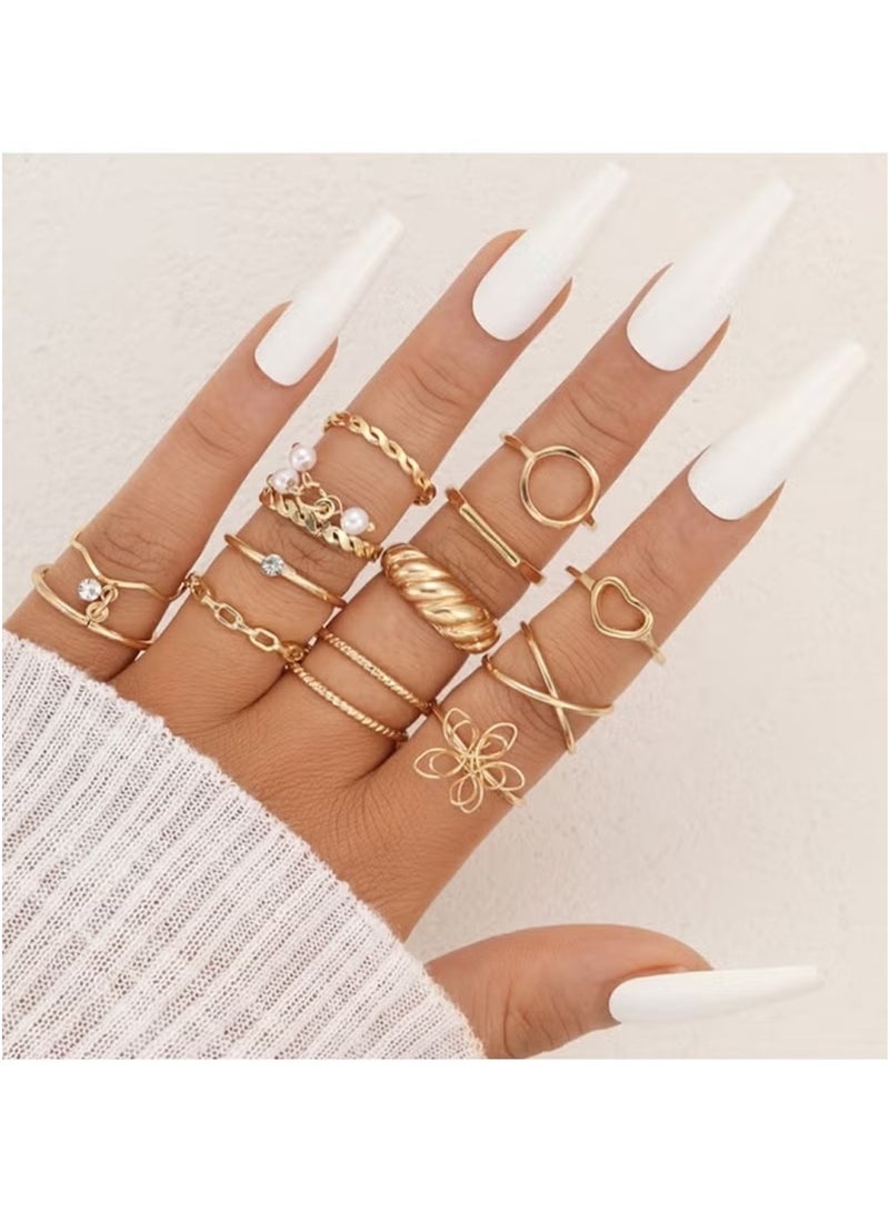 Huitich 14-Piece Gold Tone colour Ring Set with Crystal & Pearl - Image 3