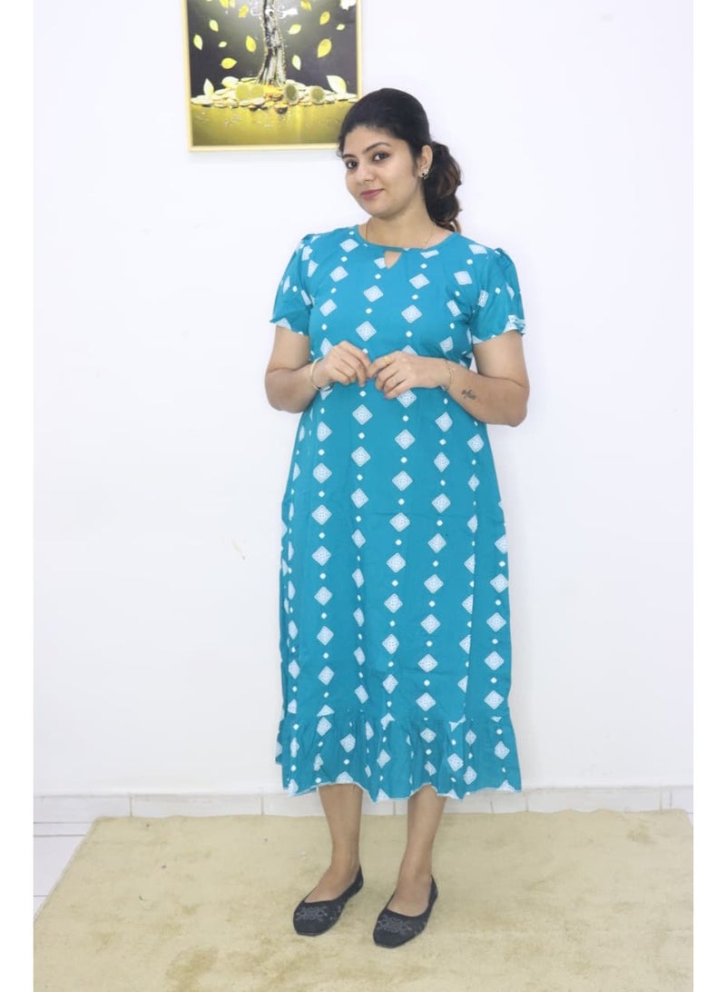 Women's Cotton Frock Nighty - Teal Diamond Print - Image 2