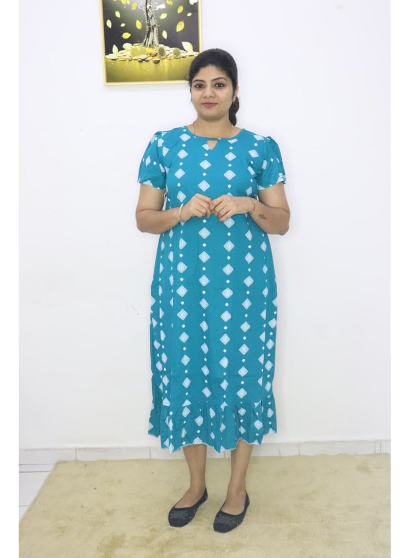 Women's Cotton Frock Nighty - Teal Diamond Print - Image 1