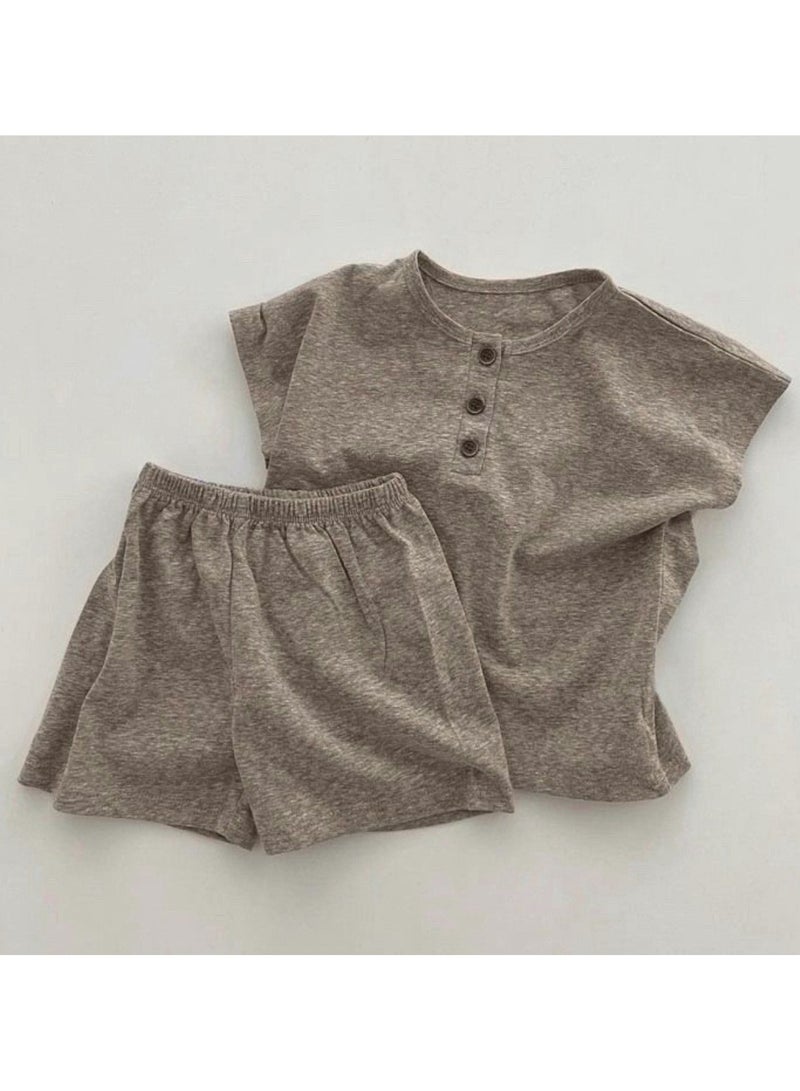 Baby Soft Breathable Cotton Short-Sleeved T-Shirt + Shorts Hemp Brown Two-Piece Set - Image 1