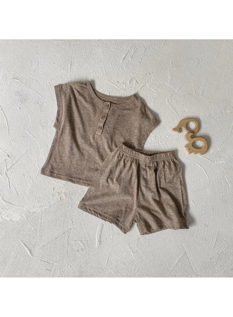 Baby Soft Breathable Cotton Short-Sleeved T-Shirt + Shorts Hemp Brown Two-Piece Set - Image 3