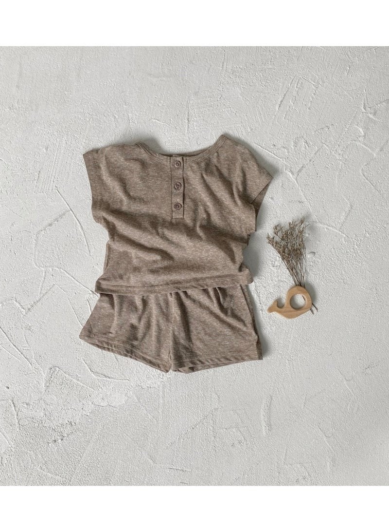 Baby Soft Breathable Cotton Short-Sleeved T-Shirt + Shorts Hemp Brown Two-Piece Set - Image 4