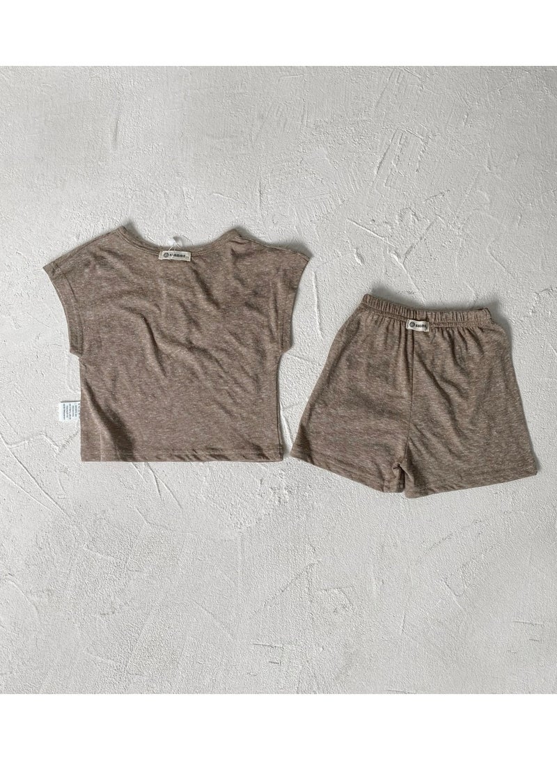 Baby Soft Breathable Cotton Short-Sleeved T-Shirt + Shorts Hemp Brown Two-Piece Set - Image 5