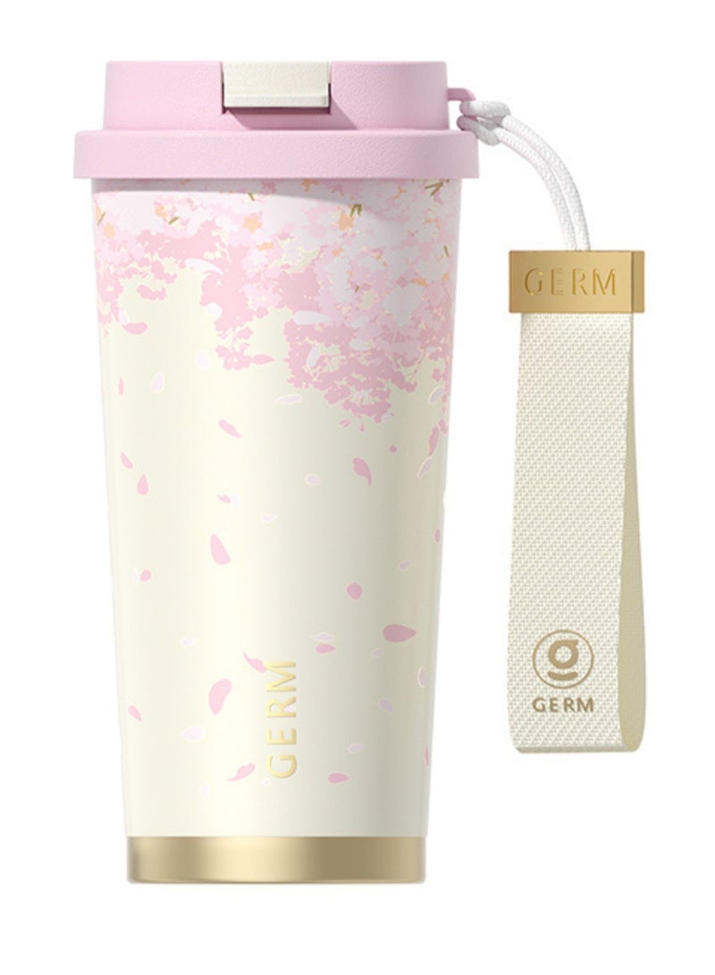 White Sakura Coffee Tumbler 500ml | GERM Flower Series Stainless Steel Insulated Travel Mug with Straw Lid | BPA-Free Leak-Proof Vacuum Flask | Elegant Hot & Cold Reusable Thermos Cup for Office & Daily Use