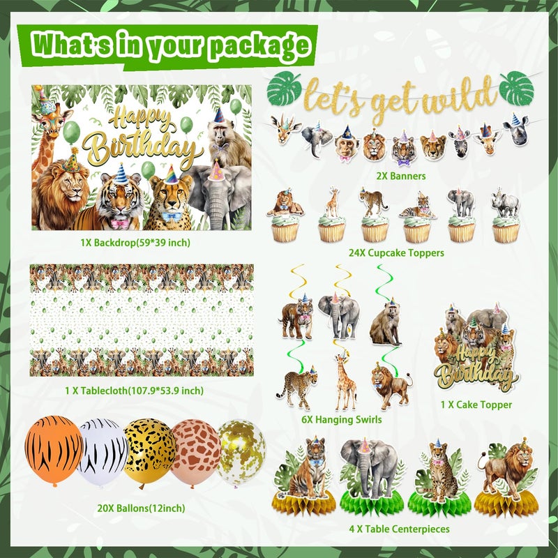 KimaruLZ Safari Birthday Party Decorations, Jungle Wild Animals Birthday Party Supplies Decor with Backdrop, Banner, Balloons, Cake Toppers, Tablecloth, Centerpieces, Hanging Swirls - Image 2