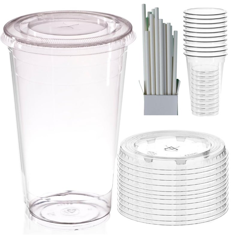 AIOS Avenues Reusable Takeaway Cups with Flat Lids and Paper Straws 500ml17oz Pack of 50 Fits car Holders for iced or hot Drinks