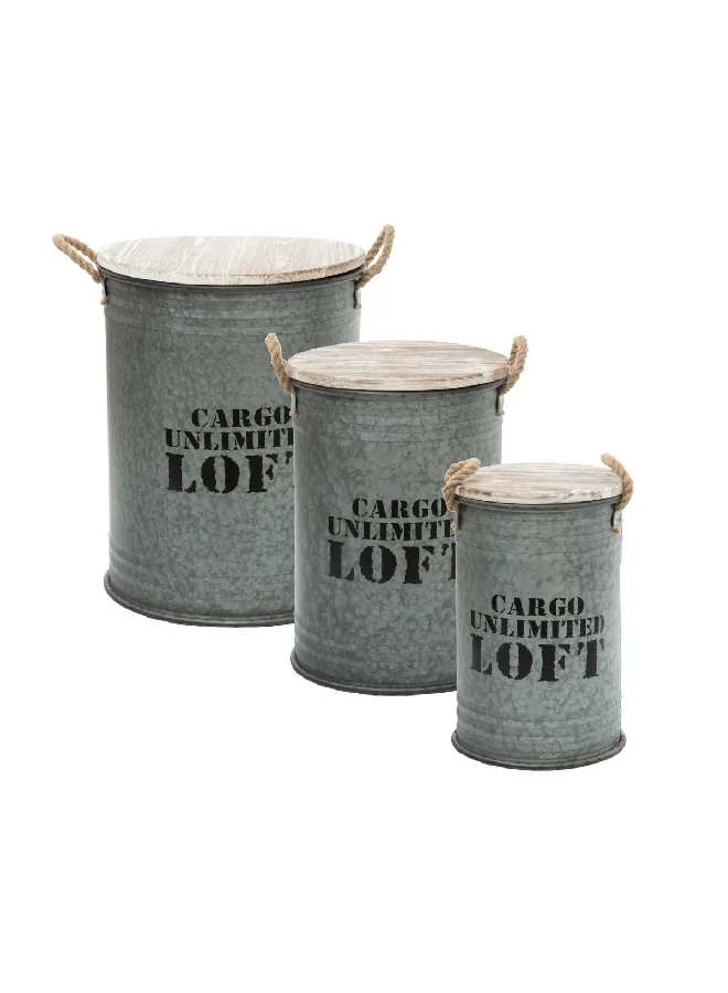 atmosphera 3-Piece Loft High Quality Iron Storage Trunk Set Grey and Brown 51.7 x 39.9 x 39.9 cm 166517A