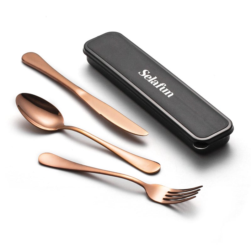 Selafun 4pieces Travel Set with Case Portable Silverware Utensils Set for work Stainless Steel Reusable Flatware Set Cutlery Set for Camping Picnic Hiking Office 8inch Rose Gold