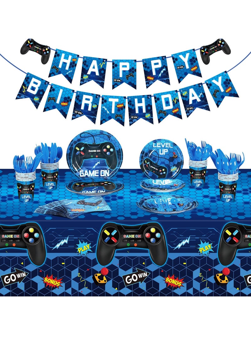 Excefore Gamepad Themed Birthday Decoration Set, Blue Video Game Birthday Party Decorations For Boys, Gamepad Theme Party Supplies with Banner, Balloons, Tablecloth Paper Plates Tableware, 24 Guests - Image 1
