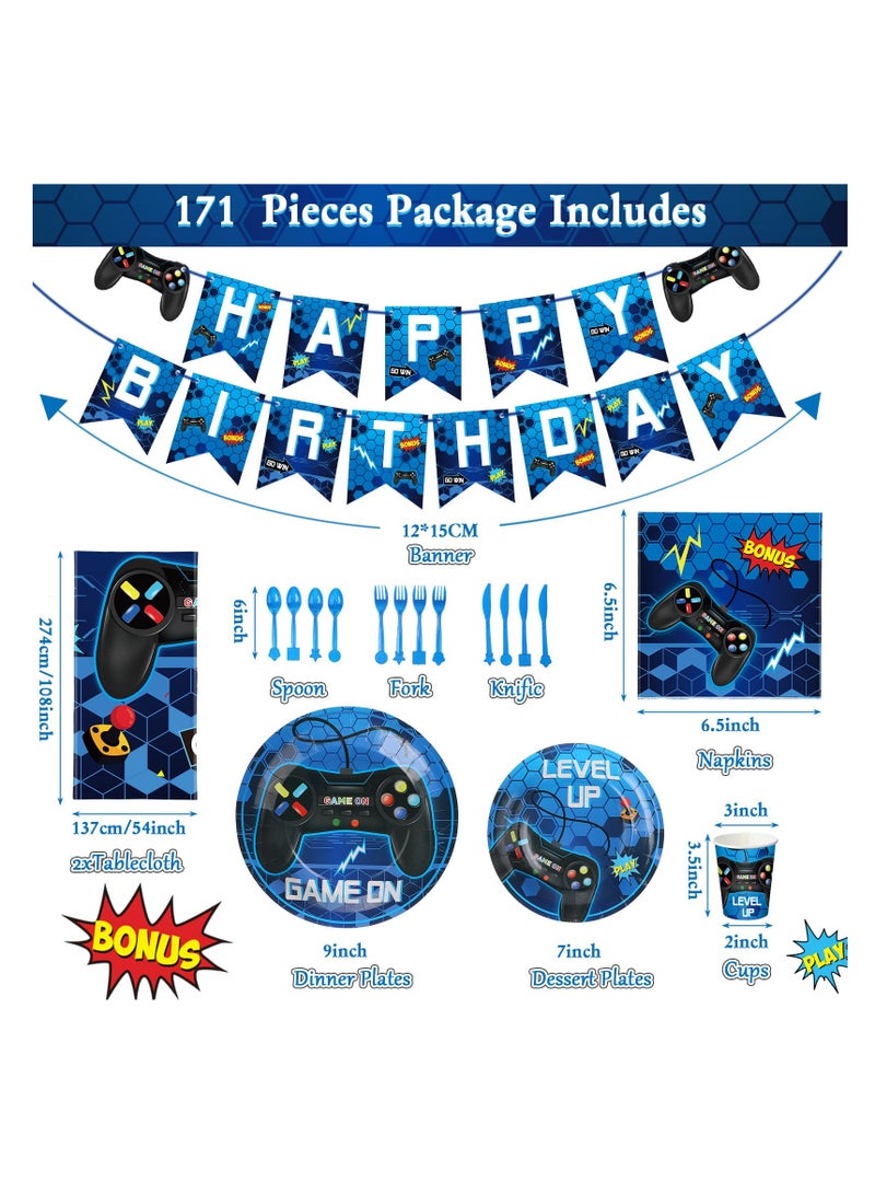 Excefore Gamepad Themed Birthday Decoration Set, Blue Video Game Birthday Party Decorations For Boys, Gamepad Theme Party Supplies with Banner, Balloons, Tablecloth Paper Plates Tableware, 24 Guests - Image 2