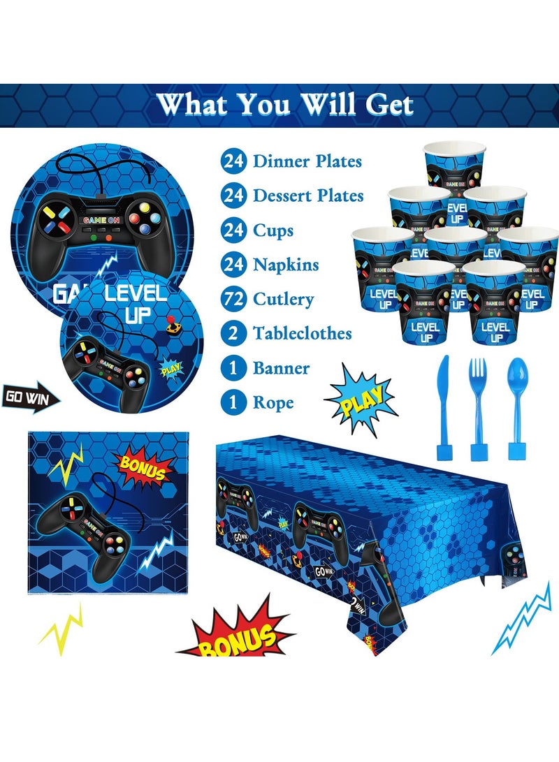 Excefore Gamepad Themed Birthday Decoration Set, Blue Video Game Birthday Party Decorations For Boys, Gamepad Theme Party Supplies with Banner, Balloons, Tablecloth Paper Plates Tableware, 24 Guests - Image 3
