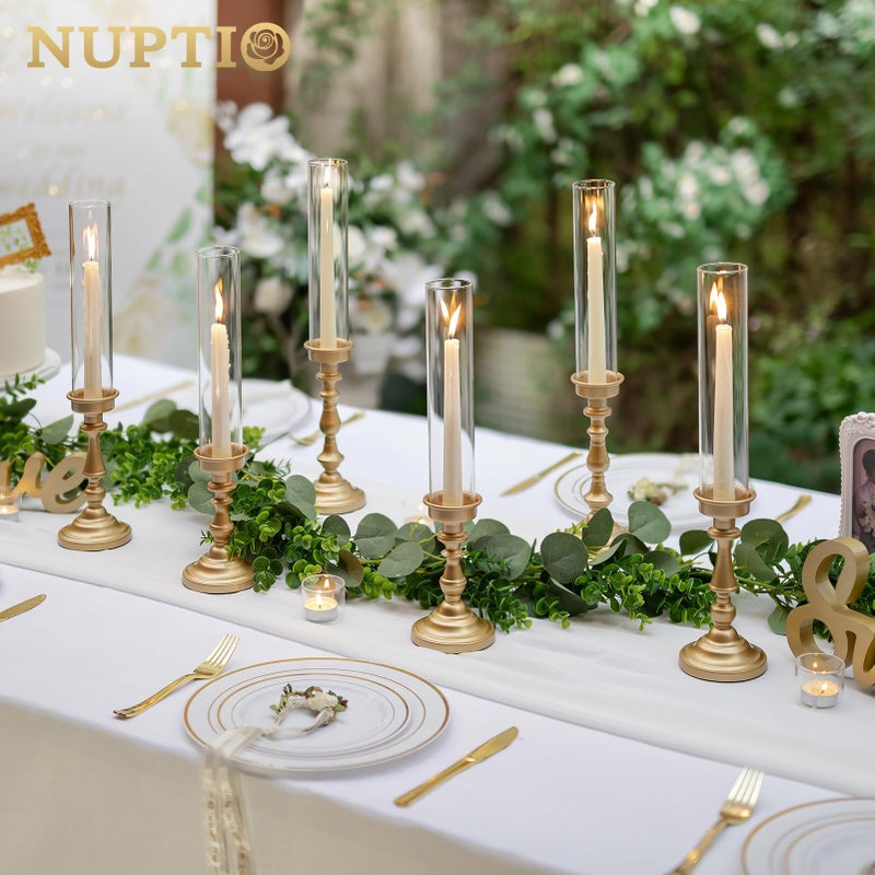 NUPTIO Gold Candlestick Holders Bulk: Set of 6 Tall Hurricane Glass Taper Candleholders - Vintage Candles Stick Stand for Wedding Bridal Shower Birthday Party Centerpiece Decor - Image 3