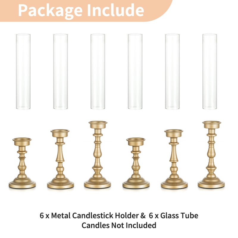 NUPTIO Gold Candlestick Holders Bulk: Set of 6 Tall Hurricane Glass Taper Candleholders - Vintage Candles Stick Stand for Wedding Bridal Shower Birthday Party Centerpiece Decor - Image 5