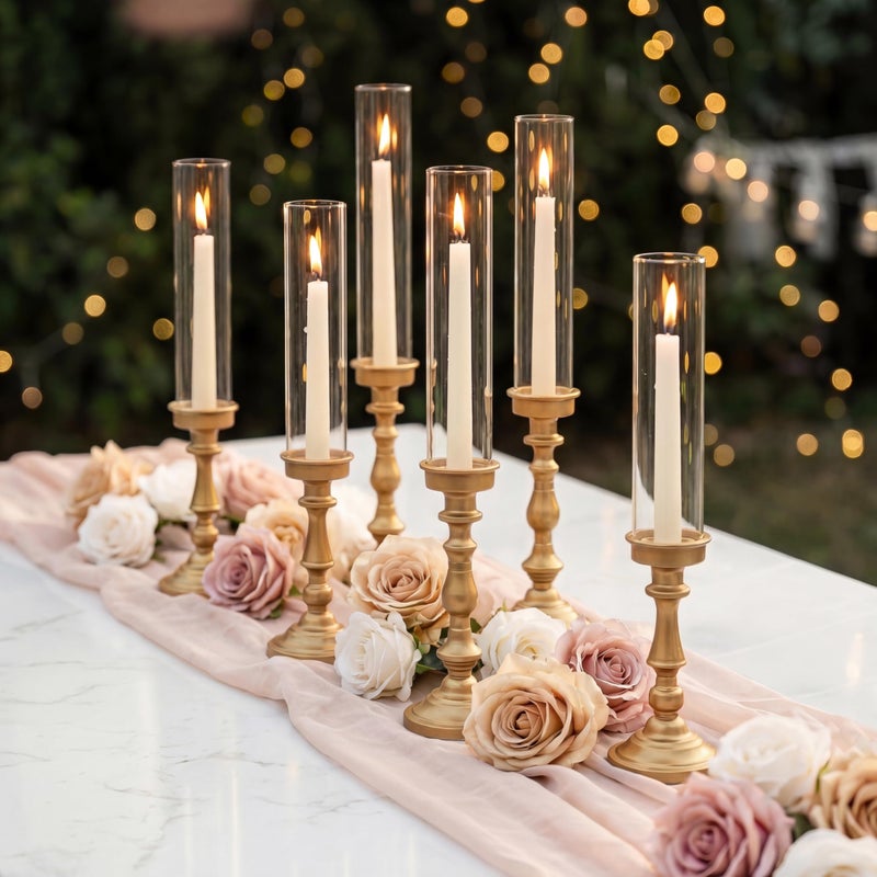 NUPTIO Gold Candlestick Holders Bulk: Set of 6 Tall Hurricane Glass Taper Candleholders - Vintage Candles Stick Stand for Wedding Bridal Shower Birthday Party Centerpiece Decor - Image 1