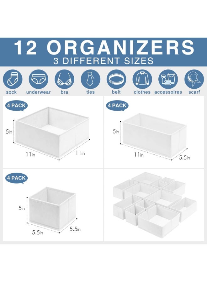 Bukela Drawer Organizer for Clothing, 12 Pack Sock Underwear Drawer Organizer Bins, Foldable Fabric Closet Organizers and Storage, Dresser Drawer Dividers for Baby Clothes, Scarves, Belt, Tie- White - Image 4